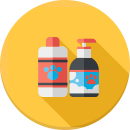 Two pet shampoo bottles with paw print labels are shown on a yellow circular background, perfect for any mobile dog grooming or mobile cat grooming kit.